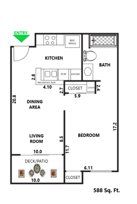 Floor plan for 1 bed, 1 bath, 588 sqft
